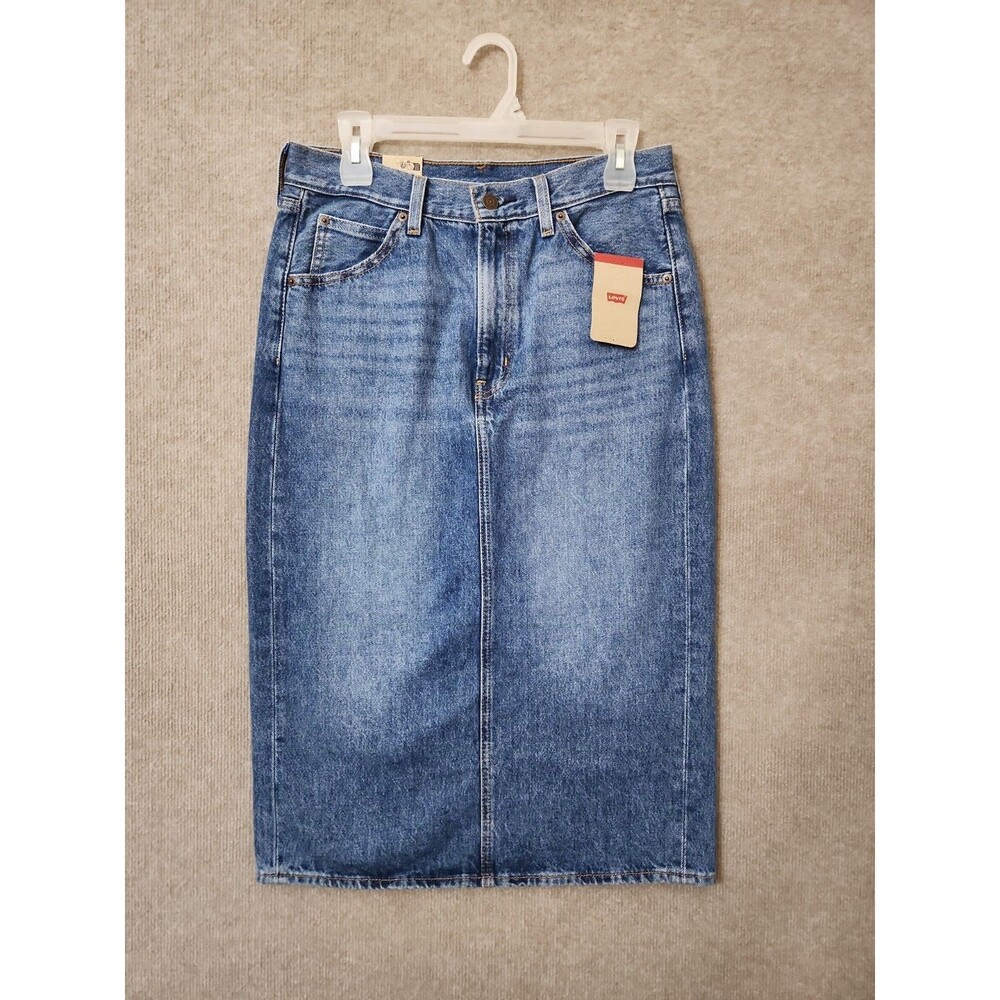 Levis Denim Midi Skirt Womens 29 Blue Medium Wash Back Slit 100% Cotton NEW